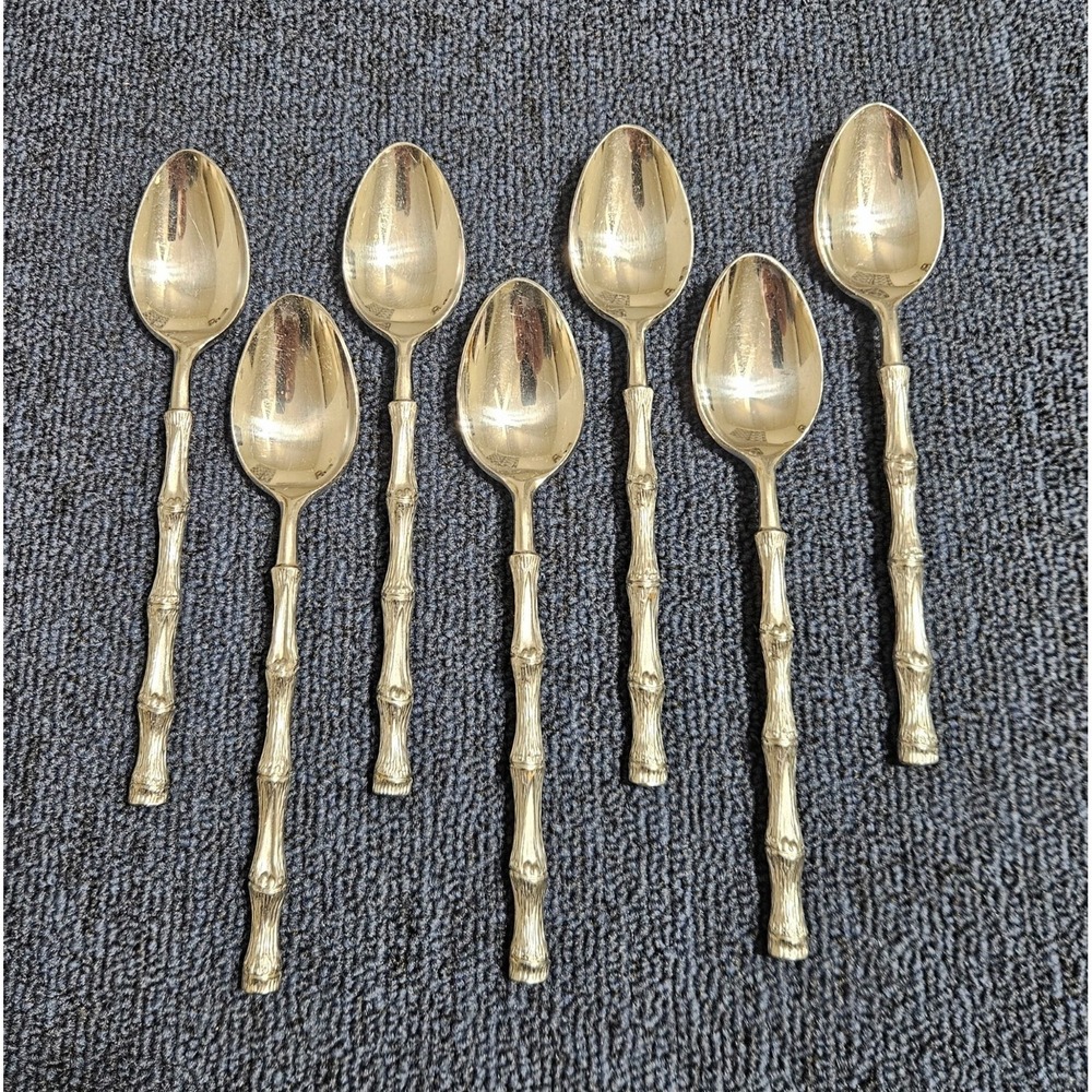 Oxford Hall JADE Teaspoons 6.5" Textured Bamboo Cane Stainless Flatware Set Of 7